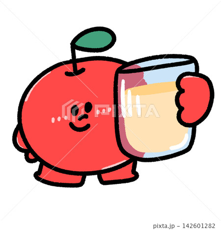 りんごジュースを持つゆるかわいいりんごのキャラクターイラスト りんごジュースを持つゆるかわいいりんごのキャラクターイラスト 142601282