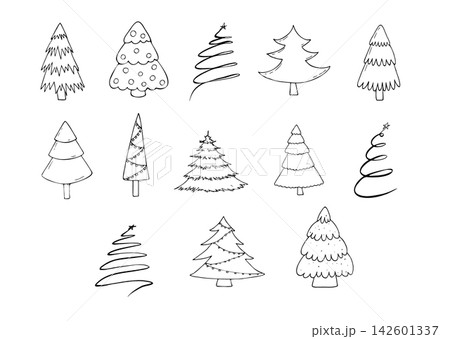 Vector Christmas tree set with hand drawn linear pines. Minimalist illustration, graphic line art collection for winter holiday design isolated on white. Doodle abstract spiral fir and spruce elements Vector Christmas tree set with hand drawn linear pines. Minimalist illustration, graphic line art collection for winter holiday design isolated on white. Doodle abstract spiral fir and spruce elements 142601337