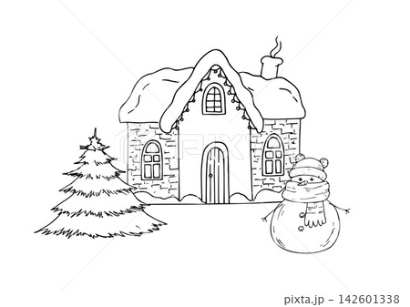 Vector cozy winter house layout with cute snowman and Christmas tree. Minimalist hand drawn graphic line art card for New Year holidays. Doodle winter village character elements isolated on white for Vector cozy winter house layout with cute snowman and Christmas tree. Minimalist hand drawn graphic line art card for New Year holidays. Doodle winter village character elements isolated on white for 142601338
