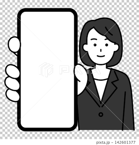 一位身穿黑色西裝的女士正在放大她的智慧型手機螢幕。 一位身穿黑色西裝的女士正在放大她的智慧型手機螢幕。 142601377