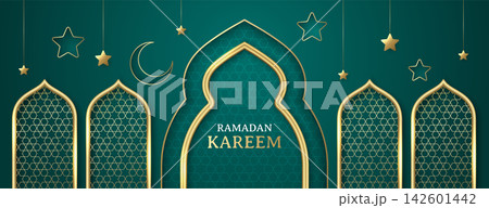 Ramadan Kareem poster with mosque silhouette, arabic golden frames, crescent and stars 142601442