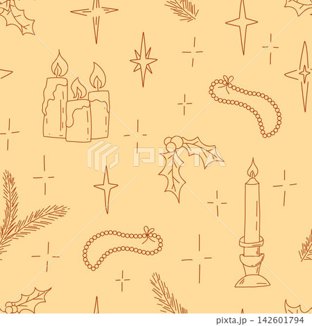 Christmas seamless pattern with candles, holly, pine branches, garlands and sparkling stars on warm yellow. Cartoon hand drawn vector illustration for wrapping paper, fabric and festive decor. Christmas seamless pattern with candles, holly, pine branches, garlands and sparkling stars on warm yellow. Cartoon hand drawn vector illustration for wrapping paper, fabric and festive decor. 142601794