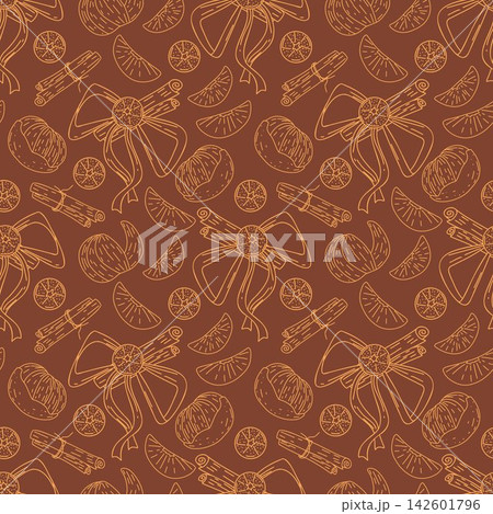 Christmas seamless pattern with dried oranges, cinnamon sticks, nuts and festive bows on brown. Cartoon hand drawn vector illustration for wrapping paper, seasonal packaging and cozy winter decor. Christmas seamless pattern with dried oranges, cinnamon sticks, nuts and festive bows on brown. Cartoon hand drawn vector illustration for wrapping paper, seasonal packaging and cozy winter decor. 142601796