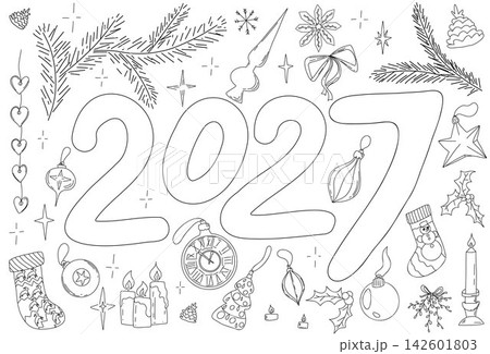 Christmas 2027 doodle composition with large numbers, ornaments, fir branches, stockings and candles. Cartoon hand drawn vector illustration for greeting cards, posters, prints and holiday design. Christmas 2027 doodle composition with large numbers, ornaments, fir branches, stockings and candles. Cartoon hand drawn vector illustration for greeting cards, posters, prints and holiday design. 142601803