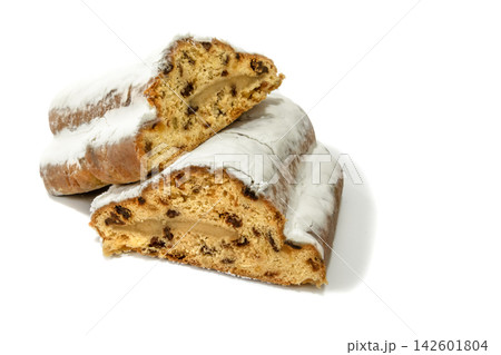 German Christmas Stollen, fruit bread with marzipan. German Christmas Stollen, fruit bread with marzipan. 142601804