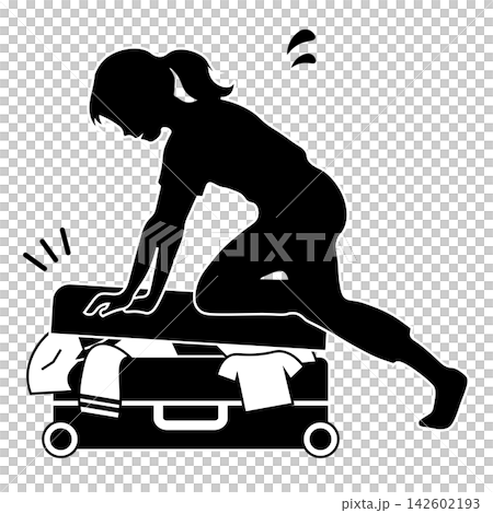 閉まらないスーツケースを押さえる女性のシルエット 閉まらないスーツケースを押さえる女性のシルエット 142602193