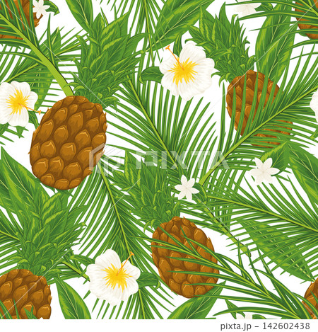 Tropical fruit, flowers, palm leaves, pineapples. Vector seamless pattern with hibiscus, plumeria, palm tree leaves. Hand drawn illustration on white background for print design Tropical fruit, flowers, palm leaves, pineapples. Vector seamless pattern with hibiscus, plumeria, palm tree leaves. Hand drawn illustration on white background for print design 142602438