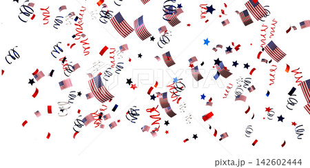 Colorful confetti featuring national flags of USA is scattered across a clear background. This scene is perfect for celebration events. The atmosphere suggests joy and festivity 142602444