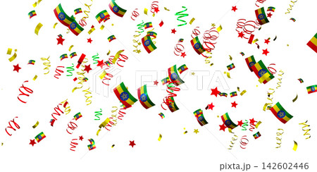 Confetti with national flags of Ethiopia falls against a clear background, creating a festive scene perfect for celebrations and events. This display features colorful designs Confetti with national flags of Ethiopia falls against a clear background, creating a festive scene perfect for celebrations and events. This display features colorful designs 142602446