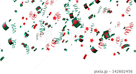 Colorful confetti featuring national flags of Bangladesh is scattered in the air on a clear background. This design is often used during festive events and parties. Colorful confetti featuring national flags of Bangladesh is scattered in the air on a clear background. This design is often used during festive events and parties. 142602456