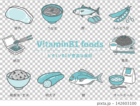 Illustration of a set of ingredients rich in vitamin B1 Illustration of a set of ingredients rich in vitamin B1 142603100