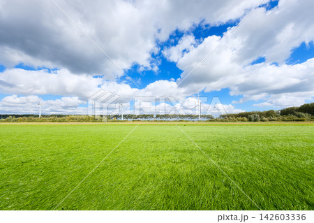 Panoramic rural field and meadow with green grass under a sky with clouds. Panoramic rural field and meadow with green grass under a sky with clouds. 142603336