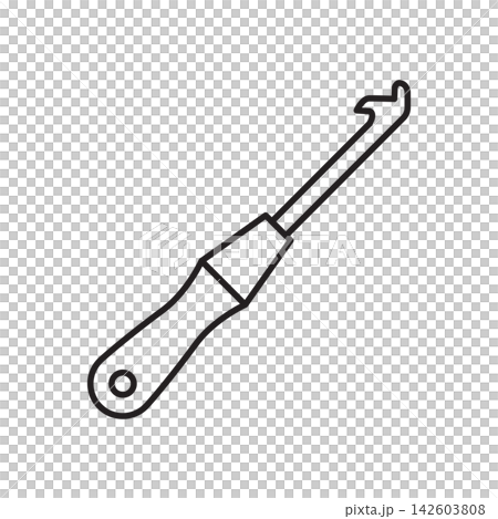 Clean line art icon of a latch hook tool with handle used for rug making and tapestry crafts. Clean line art icon of a latch hook tool with handle used for rug making and tapestry crafts. 142603808