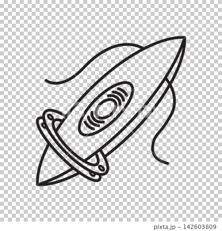 Minimalist line icon showing a tatting shuttle with thread loop used in fine lace making. 142603809