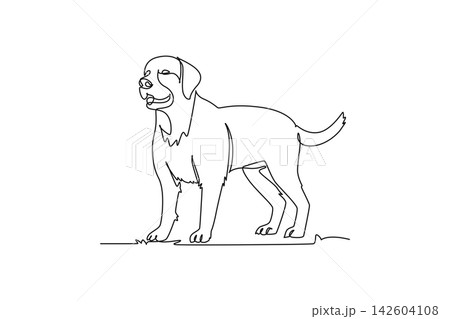 Continuous one line drawing pet dog standing proudly in alert posture. Floppy ears, wagging tail, faithful domestic mammal, friendly canine nature. Single line draw design vector graphic illustration 142604108