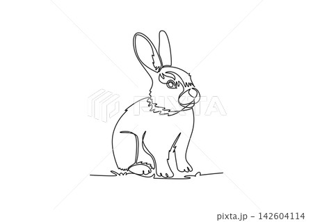 Single continuous line drawing adorable pet rabbit sitting alert with upright ears, showcasing its fluffy coat, domestic animal charm, wildlife nature. One line draw graphic design vector illustration 142604114