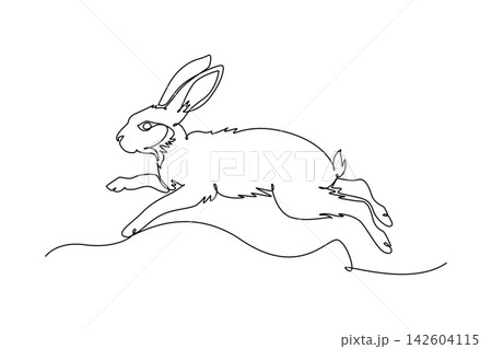 Single continuous line drawing pet rabbit hare running and leaping across the ground. Dynamic agility, speed, wildlife nature, domestic animal charm. One line draw graphic design vector illustration 142604115