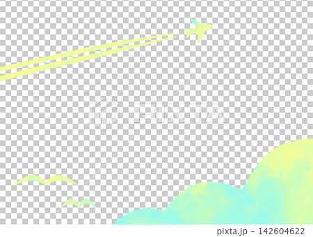 水彩風格的邊框，上面有淺藍色和黃色的飛機、鳥和雲朵。 142604622