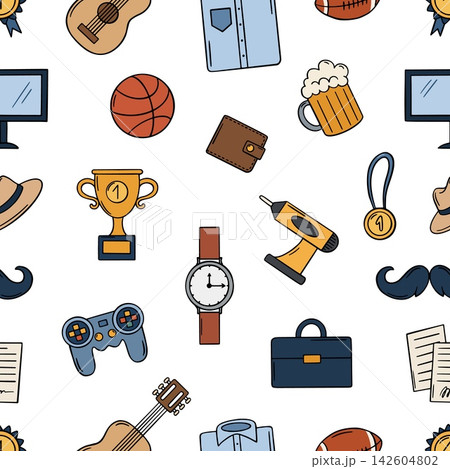 Male style seamless pattern. Different accessories, golden trophy, medal, classic shirt, hand watch, repair tool, beer glass. Men elements vector background Male style seamless pattern. Different accessories, golden trophy, medal, classic shirt, hand watch, repair tool, beer glass. Men elements vector background 142604802