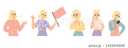 Funny blonde girl different poses. Young adult female character with flag, smartphone, show sign ok and waves his hand in greeting. Cartoon cute woman vector set 142604806