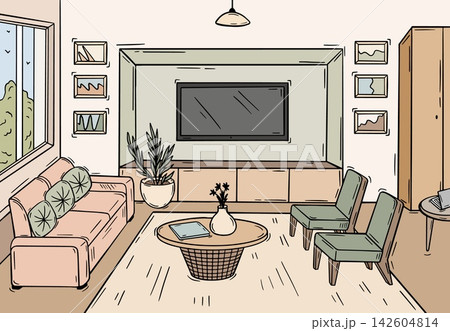 Cozy room interior design. Living room in home or apartments. Sofa with pillows, chairs, tv on wall, wardrobe. Psychologist office, waiting zone, vector background Cozy room interior design. Living room in home or apartments. Sofa with pillows, chairs, tv on wall, wardrobe. Psychologist office, waiting zone, vector background 142604814