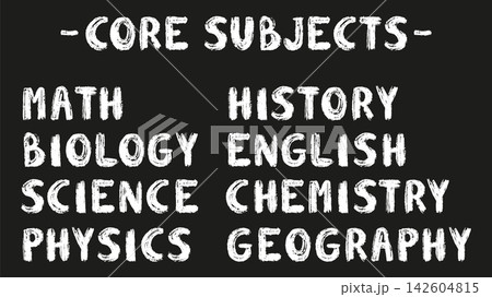 Core school subjects. Grunge text title of lessons. Chalk, ink brush, pencil or crayon written style. Math, english, history. Diary, notebook vector elements set 142604815