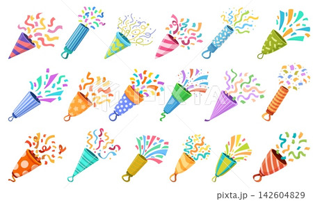 Party poppers. Festive firecrackers with confetti and colorful paper ribbons. Celebrating accessories, different popper for birthday, graduation, sapid vector set Party poppers. Festive firecrackers with confetti and colorful paper ribbons. Celebrating accessories, different popper for birthday, graduation, sapid vector set 142604829