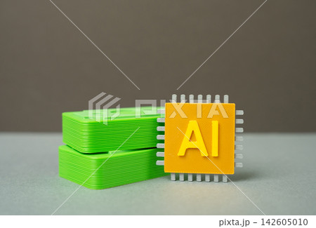 Money and AI chip, spending on tokens for AI models, profit from AI-powered services. Artificial intelligence costs, digital payments and technology investment. Monetization, business automation 142605010