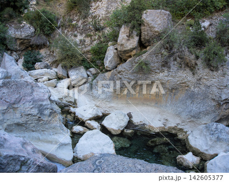 Emerald pool and white water polished boulders in the bed of the Rio Vero canyon Emerald pool and white water polished boulders in the bed of the Rio Vero canyon 142605377