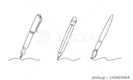 Simple line stationery elements. Pencil, fountain pen and brush for paint. Isolated school, office, college, university tools for drawing and writing, vector one line design Simple line stationery elements. Pencil, fountain pen and brush for paint. Isolated school, office, college, university tools for drawing and writing, vector one line design 142605664