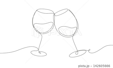 One line glass wine. Two glasses clink, simple line festive elements for drinks. Party, New year eve, birthday, Christmas, anniversary. Drinks or beverages kitchenware, vector scene 142605666