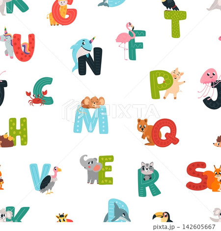 Nursery seamless pattern with letters and animals. Funny design element with wildlife characters. Printable template for fabric, wallpaper, wrapping, vector background Nursery seamless pattern with letters and animals. Funny design element with wildlife characters. Printable template for fabric, wallpaper, wrapping, vector background 142605667