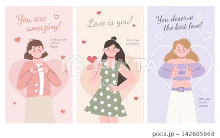 Love yourself posters with cute funny girls cartoon characters. Positive mind, motivation cards. Adorable women, stylish female, vector template 142605668