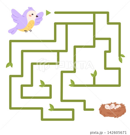 Help bird find right path to nest. Cartoon flying bird and nest with eggs. Educational development play for toddlers in kindergarten or preschool, vector template 142605671