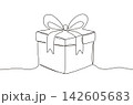 Black one line gift box. Present box with ribbon bow. Isolated simple lined element for invitation, birthday postcard, banners, vouchers, lottery, vector scene 142605683