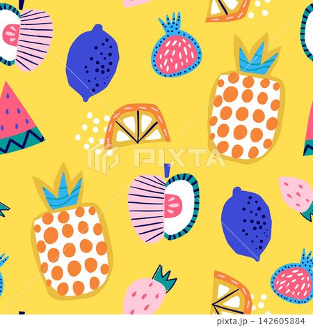 Vibrant Abstract Fruit Doodle Seamless Pattern on Yellow. 142605884