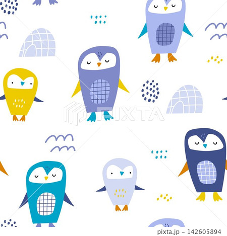 Cute Scandinavian Winter Penguin and Igloo Seamless Pattern. 142605894