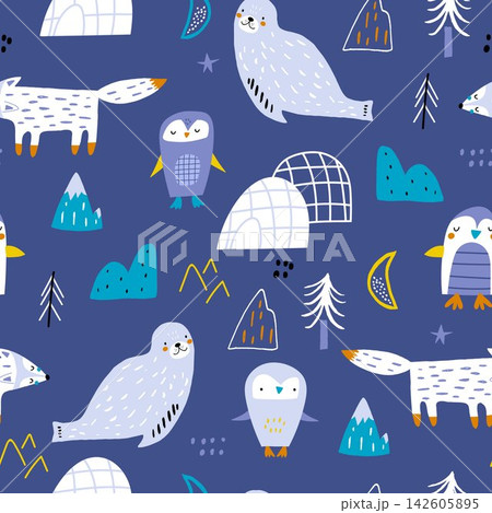 Cute Scandinavian Arctic Animal Winter Night Seamless Pattern. 142605895