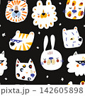 Cute Quirky Painted Animal Faces Seamless Pattern on Black. 142605898