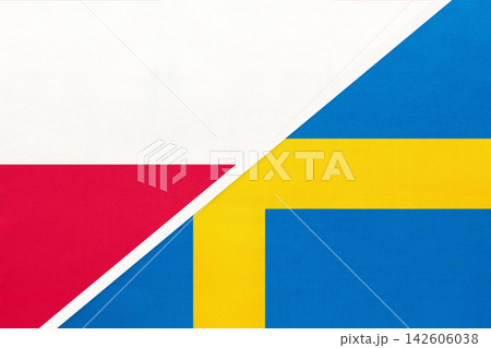 Poland and Swedish national flags on fabric background, international partnership and cooperation between two countries Poland and Swedish national flags on fabric background, international partnership and cooperation between two countries 142606038