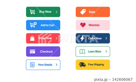 Ecommerce button set with buy, cart, shop, checkout, sale, wishlist, order, shipping, details, and learn icons in colorful modern interface style. 142606067