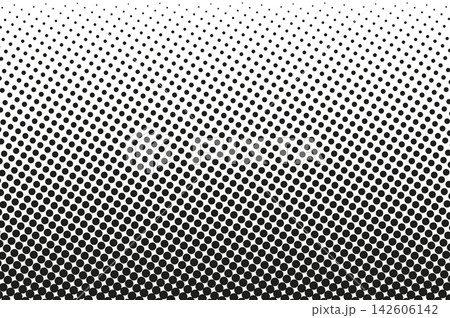 Abstract halftone texture with monochrome dotted pattern. Black and white gradient overlay with noise transition effect. Gritty contrast dissolve template with fading points. Vector illustration. 142606142
