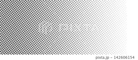 Abstract halftone texture with monochrome dotted pattern. Black and white gradient overlay with noise transition effect. Horizontal layout with fading dots in half gradation. Vector illustration. 142606154