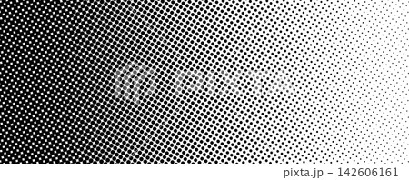 Abstract halftone texture with monochrome dotted pattern. Black and white gradient overlay with noise transition effect. Horizontal layout with flowing gritty particles contrast. Vector illustration. 142606161