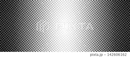 Abstract halftone texture with monochrome dotted pattern. Black and white gradient overlay with noise transition effect. Distress grunge duotone contrast grid horizontal layout. Vector illustration. 142606162