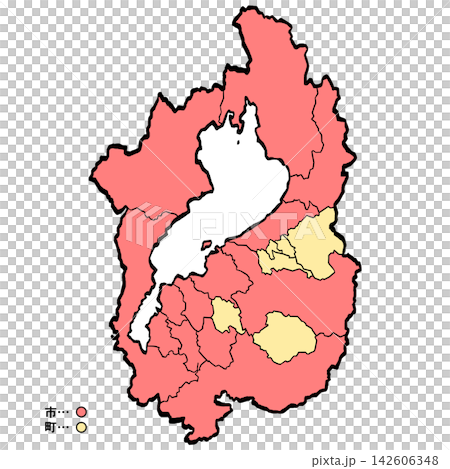 滋賀県地図 市町村カラー （筆タッチ） 和風 142606348
