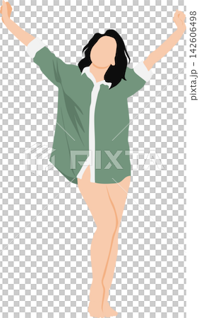 一位女性醒來伸懶腰的插圖。 一位女性醒來伸懶腰的插圖。 142606498