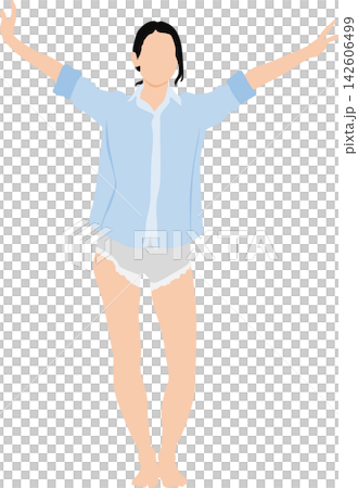 一位女性醒來伸懶腰的插圖。 一位女性醒來伸懶腰的插圖。 142606499