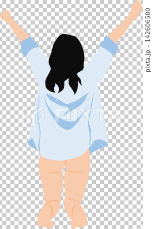 一位女性醒來伸懶腰的插圖。 一位女性醒來伸懶腰的插圖。 142606500