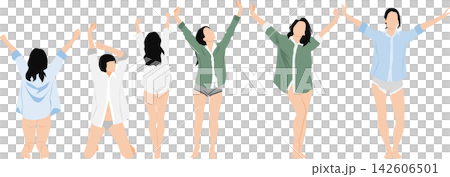 Illustration of a woman waking up and stretching. Illustration of a woman waking up and stretching. 142606501